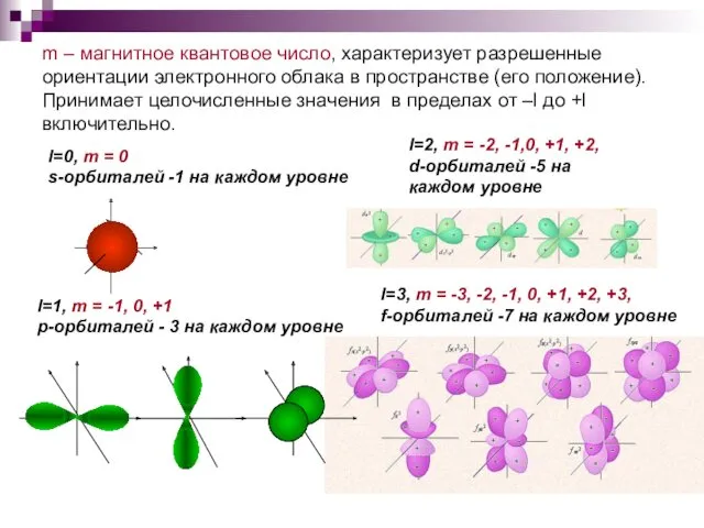 m – магнитное квантовое число, характеризует разрешенные ориентации электронного облака в пространстве (его