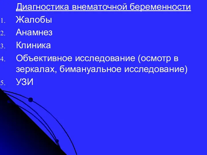 Диагностика внематочной беременности Жалобы Анамнез Клиника Объективное исследование (осмотр в зеркалах, бимануальное исследование) УЗИ