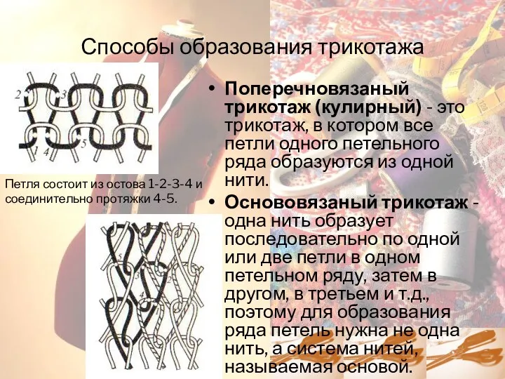 Способы образования трикотажа Поперечновязаный трикотаж (кулирный) - это трикотаж, в