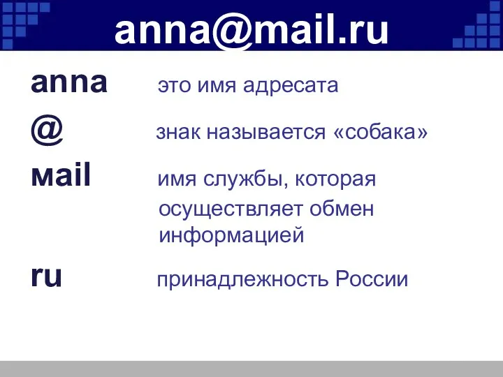 anna@mail.ru anna это имя адресата @ знак называется «собака» мail