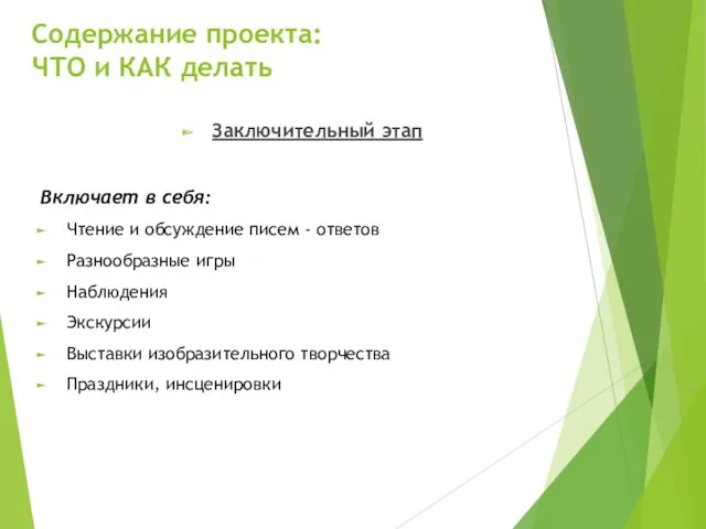 Содержание проекта: ЧТО и КАК делать Заключительный этап Включает в