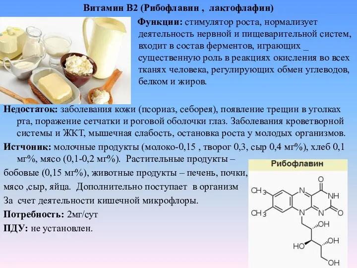 Витамин B2 (Рибофлавин , лактофлафин) Функции: стимулятор роста, нормализует _