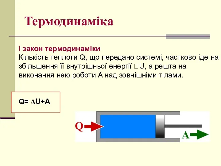 Термодинаміка I закон термодинаміки Кількість теплоти Q, що передано системі,