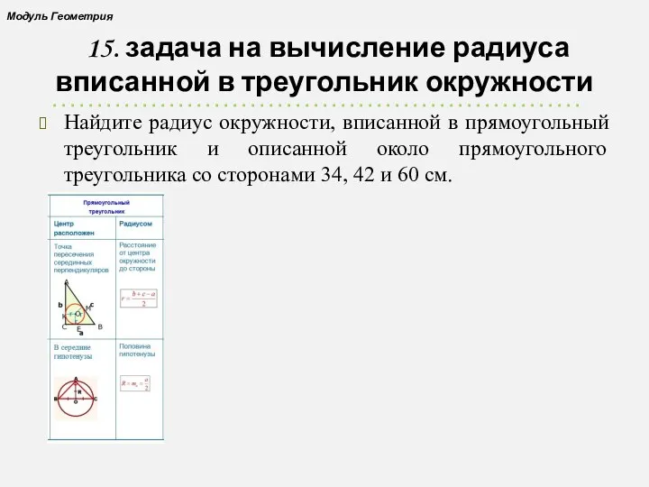 15. задача на вычисление радиуса вписанной в треугольник окружности Найдите