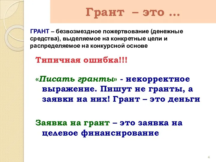 Грант – это … Типичная ошибка!!! «Писать гранты» - некорректное