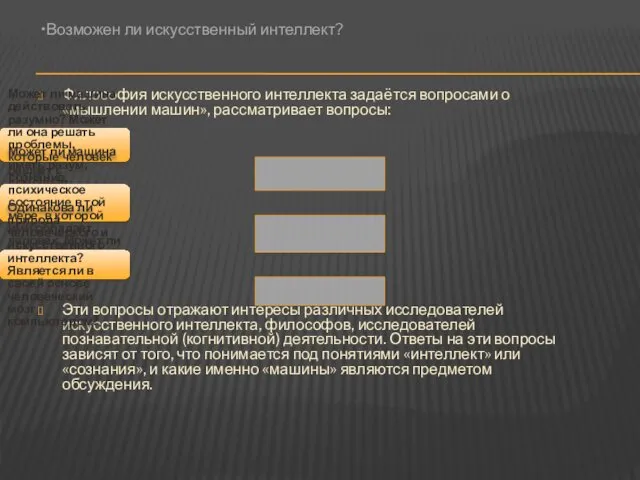 Философия искусственного интеллекта задаётся вопросами о «мышлении машин», рассматривает вопросы: