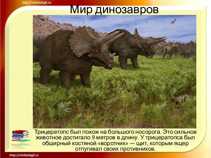 Мир динозавров Трицератопс был похож на большого носорога. Это сильное
