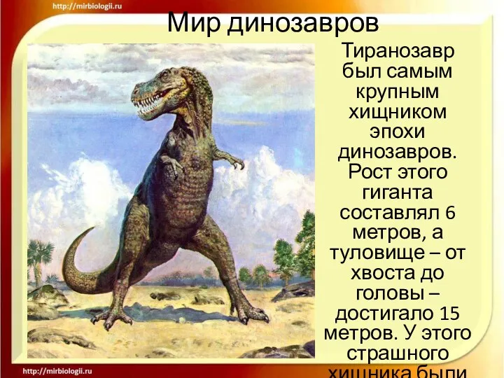 Мир динозавров Тиранозавр был самым крупным хищником эпохи динозавров. Рост