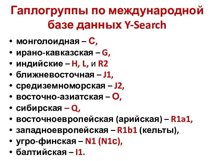 Гаплогруппы по международной базе данных Y-Search монголоидная – С, ирано-кавказская