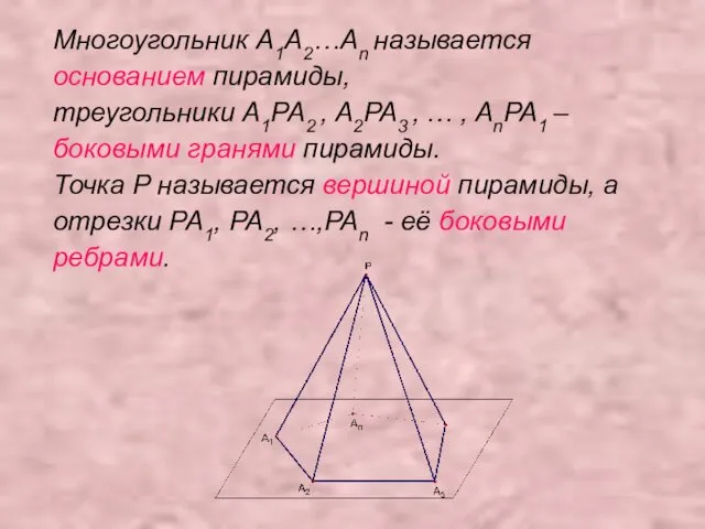 Многоугольник A1A2…An называется основанием пирамиды, треугольники A1PA2 , A2PA3 ,