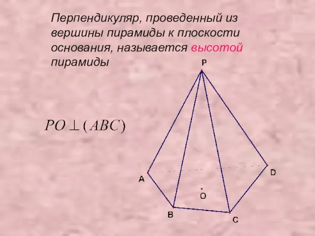 Перпендикуляр, проведенный из вершины пирамиды к плоскости основания, называется высотой пирамиды