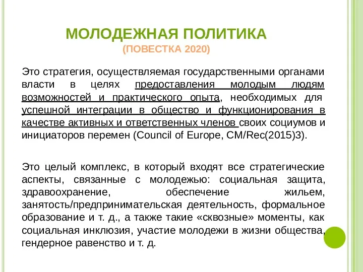 МОЛОДЕЖНАЯ ПОЛИТИКА (ПОВЕСТКА 2020) Это стратегия, осуществляемая государственными органами власти