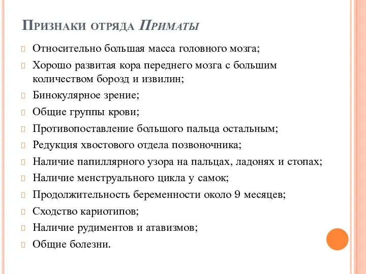 Признаки отряда Приматы Относительно большая масса головного мозга; Хорошо развитая