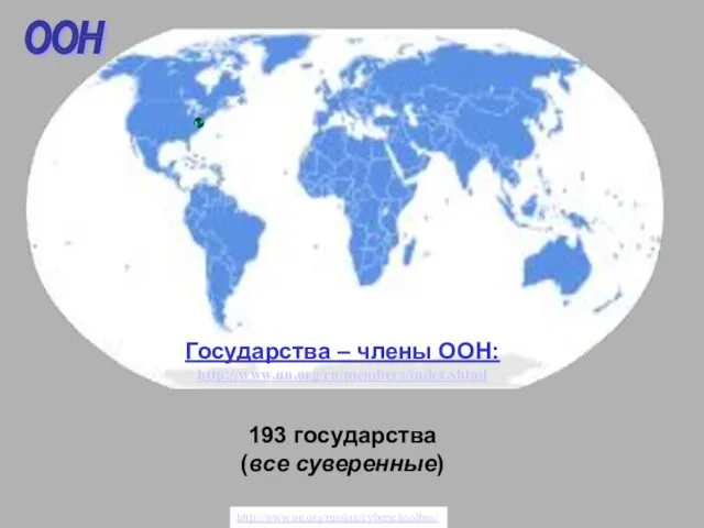 Государства – члены ООН: http://www.un.org/ru/members/index.shtml 193 государства (все суверенные) http://www.un.org/russian/cyberschoolbus/ ООН