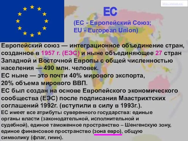 ЕС (ЕC - Европейский Союз; EU - European Union) Европейский союз — интеграционное