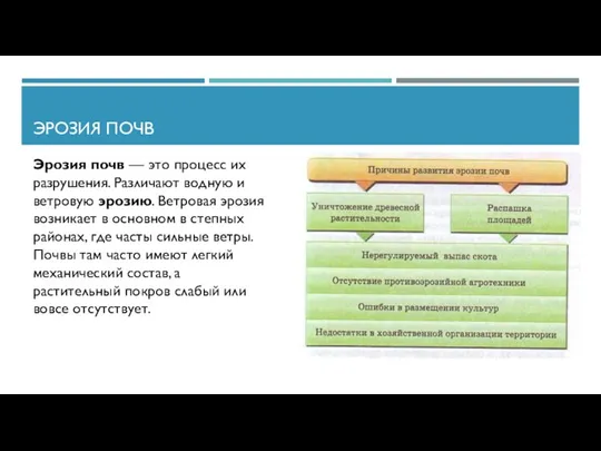 ЭРОЗИЯ ПОЧВ Эрозия почв — это процесс их разрушения. Различают