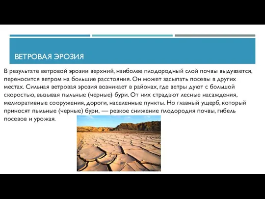 ВЕТРОВАЯ ЭРОЗИЯ В результате ветровой эрозии верхний, наиболее плодородный слой