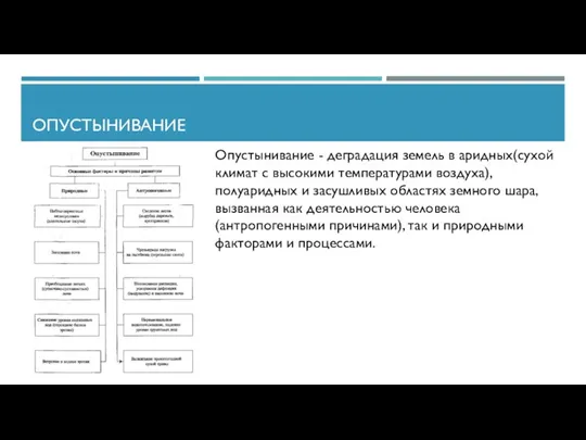 ОПУСТЫНИВАНИЕ Опустынивание - деградация земель в аридных(сухой климат с высокими