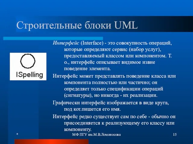 * МФ ПГУ им.М.В.Ломоносова Строительные блоки UML Интерфейс (Interface) -