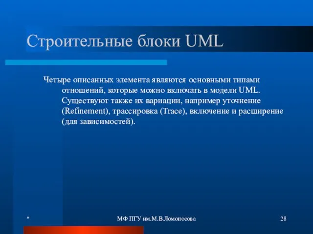 * МФ ПГУ им.М.В.Ломоносова Строительные блоки UML Четыре описанных элемента