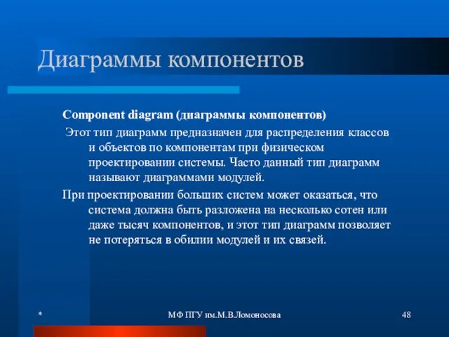 * МФ ПГУ им.М.В.Ломоносова Диаграммы компонентов Component diagram (диаграммы компонентов)