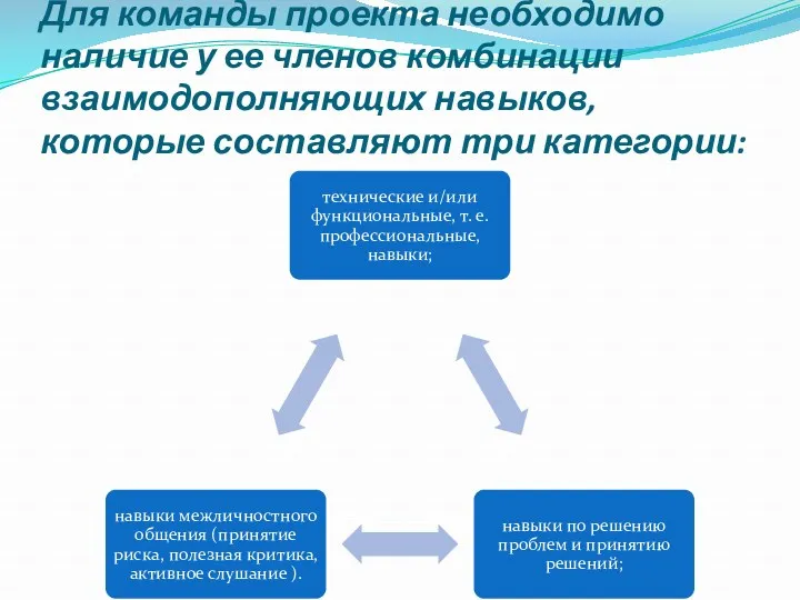 Для команды проекта необходимо наличие у ее членов комбинации взаимодополняющих навыков, которые составляют три категории: