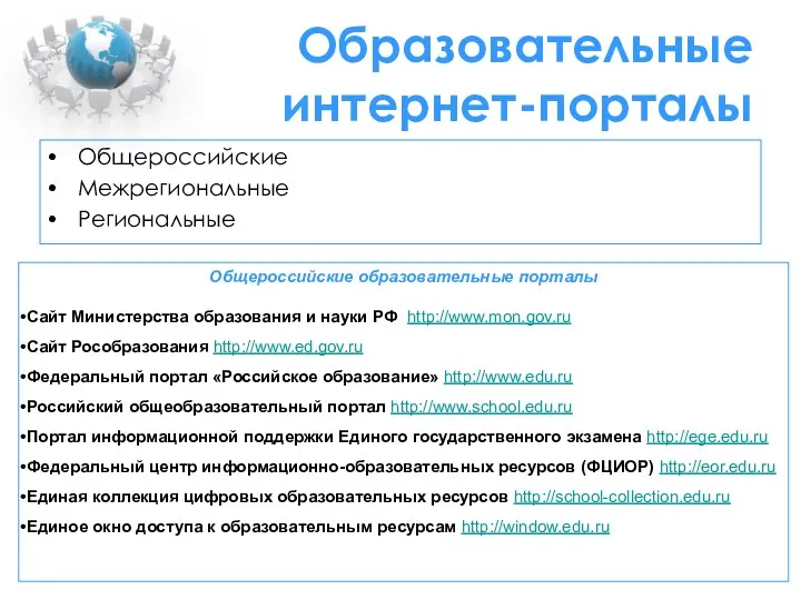 Образовательные интернет-порталы Общероссийские Межрегиональные Региональные Общероссийские образовательные порталы Сайт Министерства