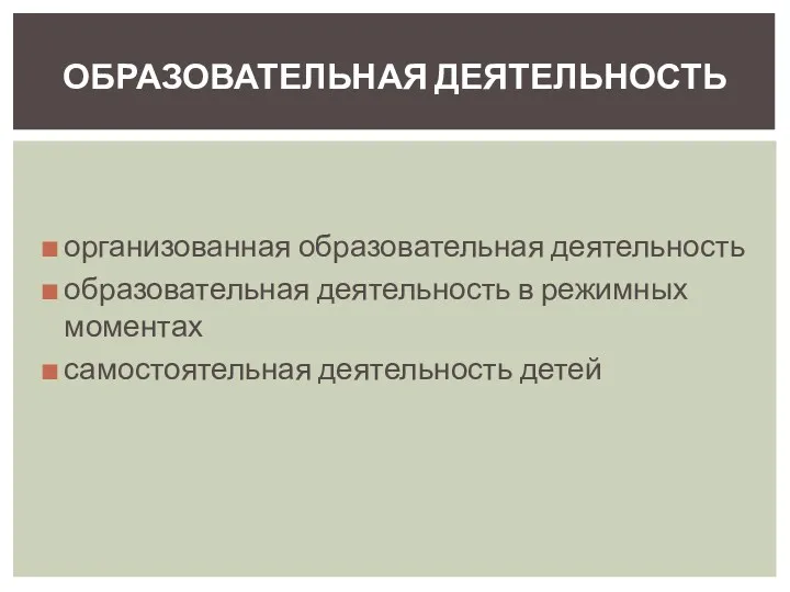 организованная образовательная деятельность образовательная деятельность в режимных моментах самостоятельная деятельность детей ОБРАЗОВАТЕЛЬНАЯ ДЕЯТЕЛЬНОСТЬ