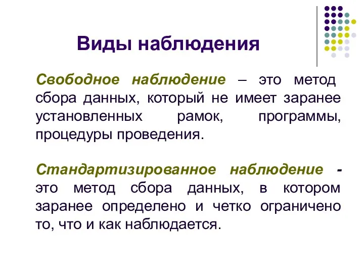 Виды наблюдения Свободное наблюдение – это метод сбора данных, который