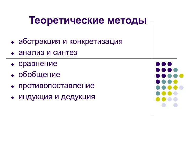 Теоретические методы абстракция и конкретизация анализ и синтез сравнение обобщение противопоставление индукция и дедукция