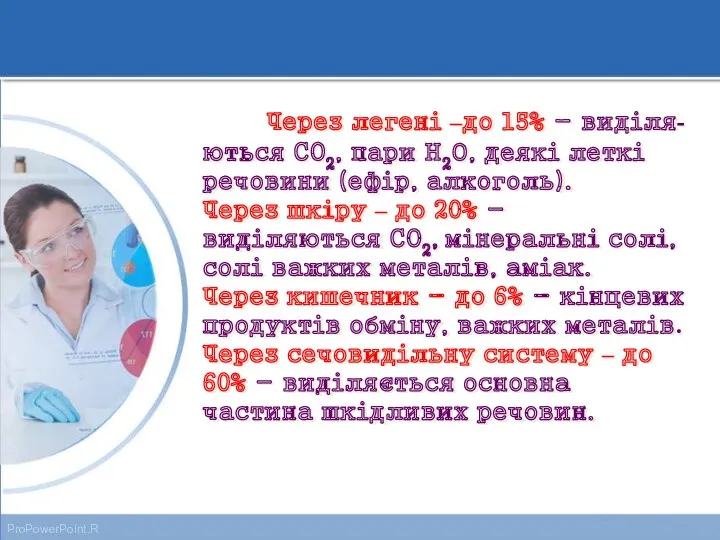 Через легені –до 15% - виділя- ються CO2, пари Н2О,