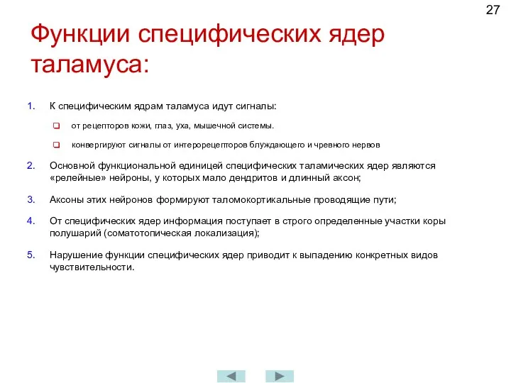 Функции специфических ядер таламуса: К специфическим ядрам таламуса идут сигналы: