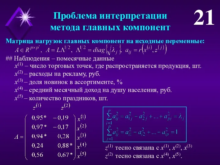 Проблема интерпретации метода главных компонент 21 Матрица нагрузок главных компонент