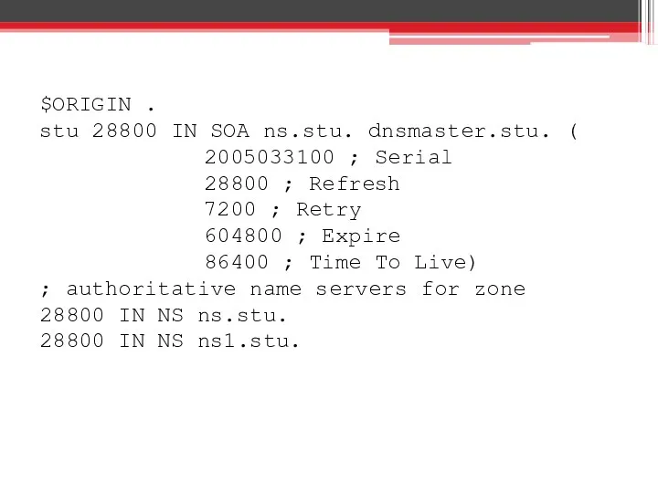 $ORIGIN . stu 28800 IN SOA ns.stu. dnsmaster.stu. ( 2005033100