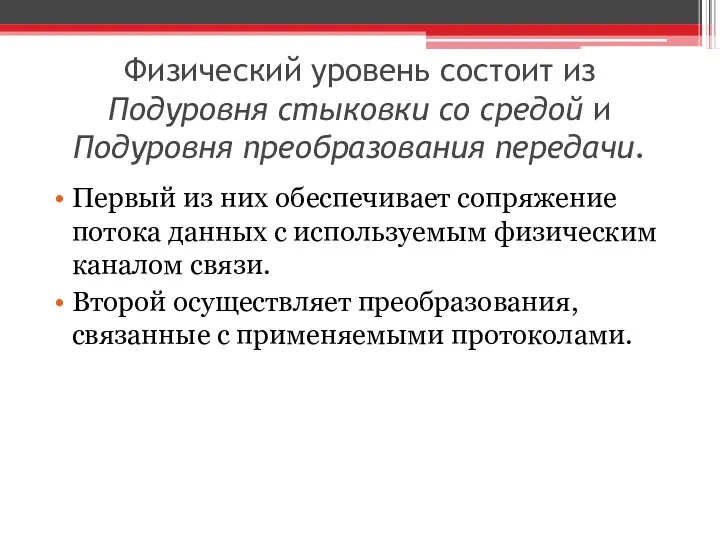 Физический уровень состоит из Подуровня стыковки со средой и Подуровня