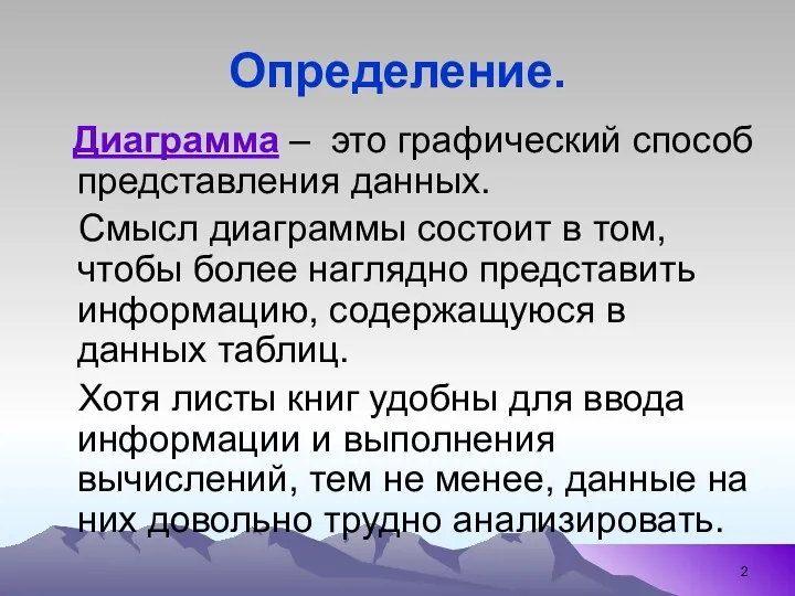 Определение. Диаграмма – это графический способ представления данных. Смысл диаграммы