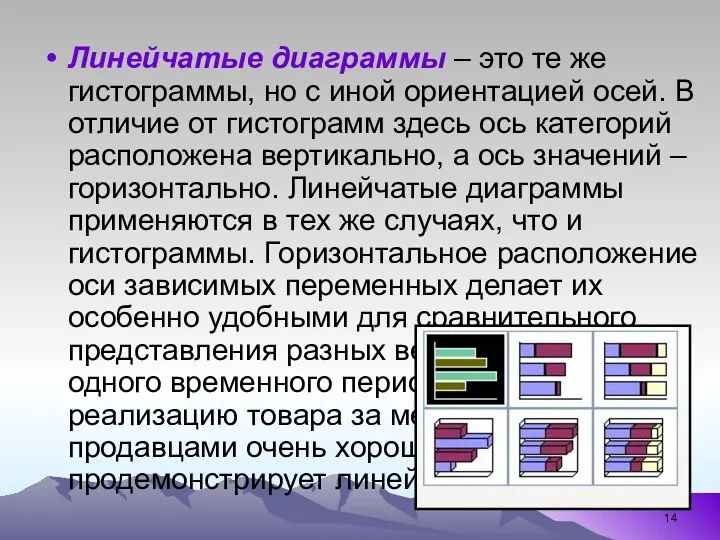 Линейчатые диаграммы – это те же гистограммы, но с иной