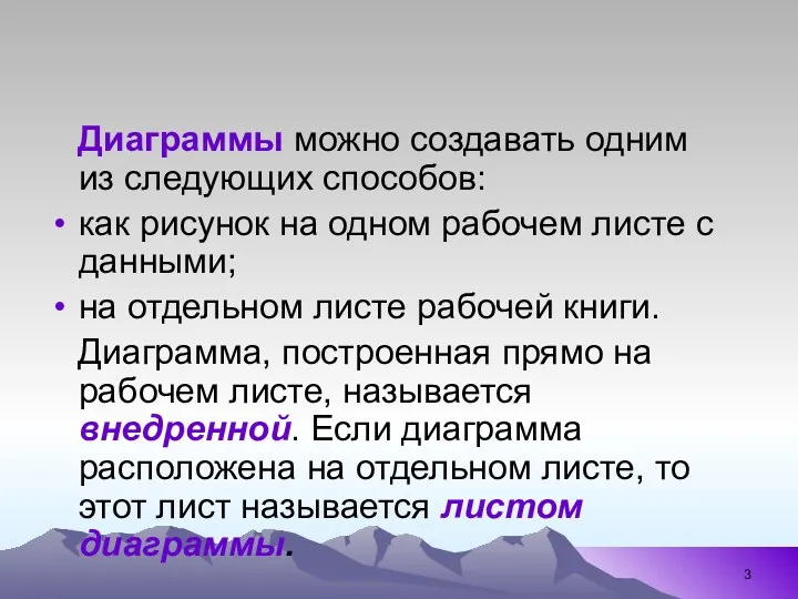 Диаграммы можно создавать одним из следующих способов: как рисунок на