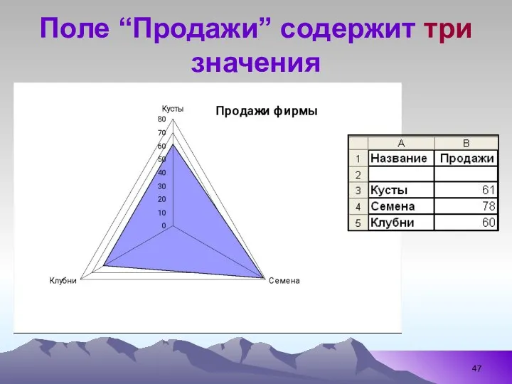 Поле “Продажи” содержит три значения