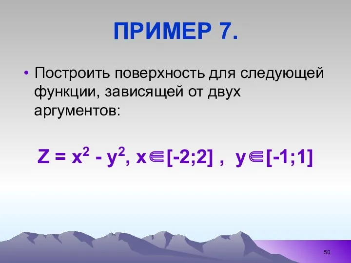 ПРИМЕР 7. Построить поверхность для следующей функции, зависящей от двух