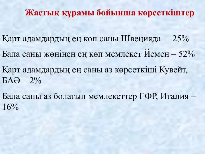 Жастық құрамы бойынша көрсеткіштер Қарт адамдардың ең көп саны Швецияда