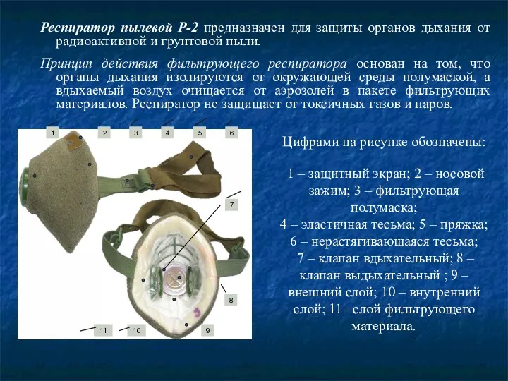 Респиратор пылевой Р-2 предназначен для защиты органов дыхания от радиоактивной