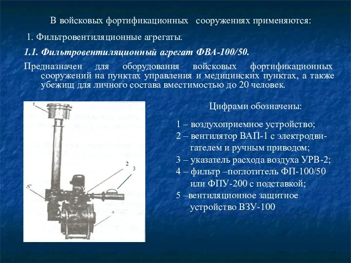 В войсковых фортификационных сооружениях применяются: 1. Фильтровентиляционные агрегаты. 1.1. Фильтровентиляционный