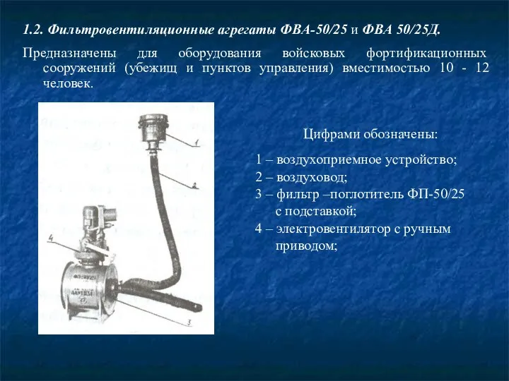 1.2. Фильтровентиляционные агрегаты ФВА-50/25 и ФВА 50/25Д. Предназначены для оборудования