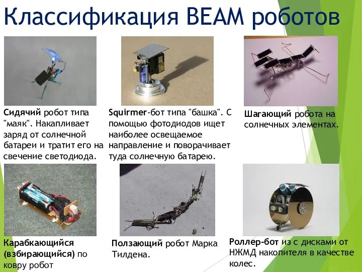 Классификация BEAM роботов Сидячий робот типа "маяк". Накапливает заряд от солнечной батареи и