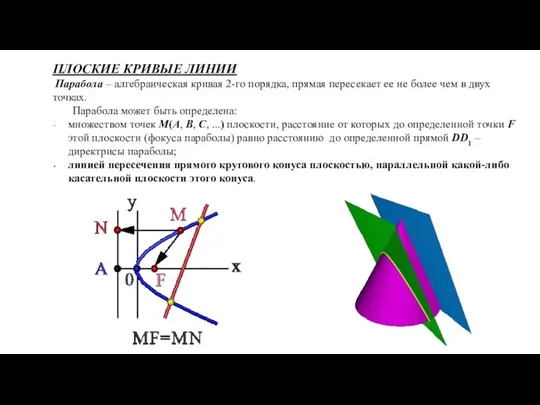 ПЛОСКИЕ КРИВЫЕ ЛИНИИ Парабола – алгебраическая кривая 2-го порядка, прямая
