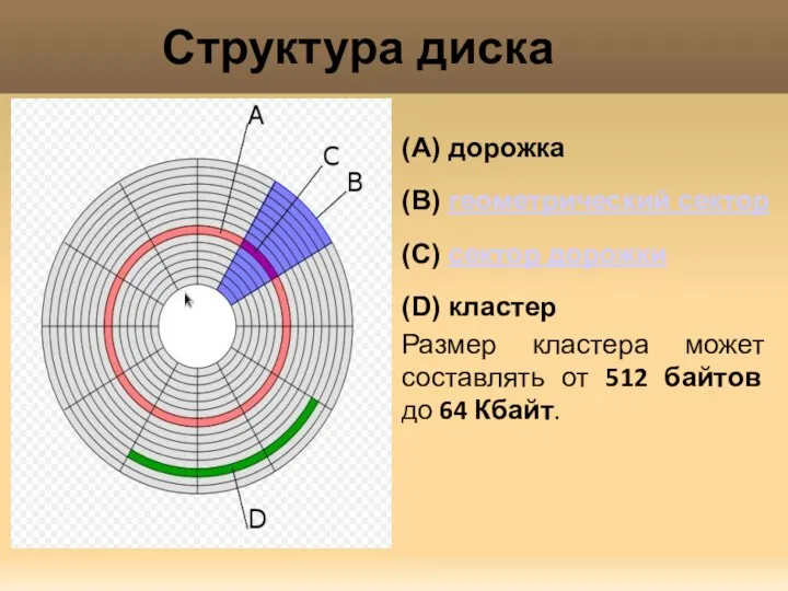 (A) дорожка (B) геометрический сектор (C) сектор дорожки (D) кластер