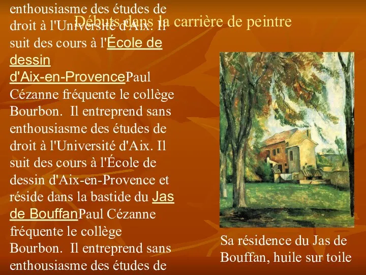 Débuts dans la carrière de peintre Paul Cézanne fréquente le