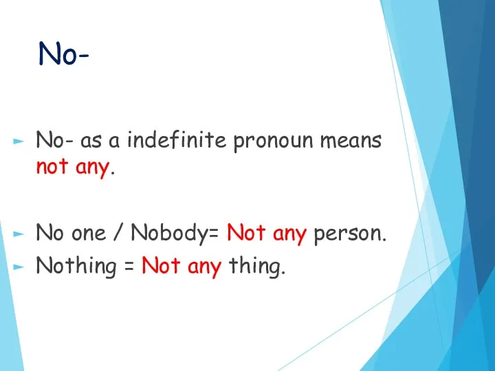 No- No- as a indefinite pronoun means not any. No