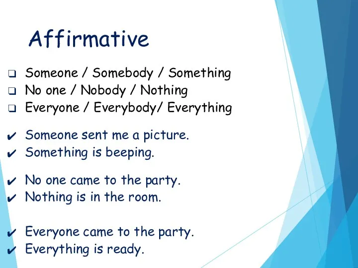 Affirmative Someone / Somebody / Something No one / Nobody